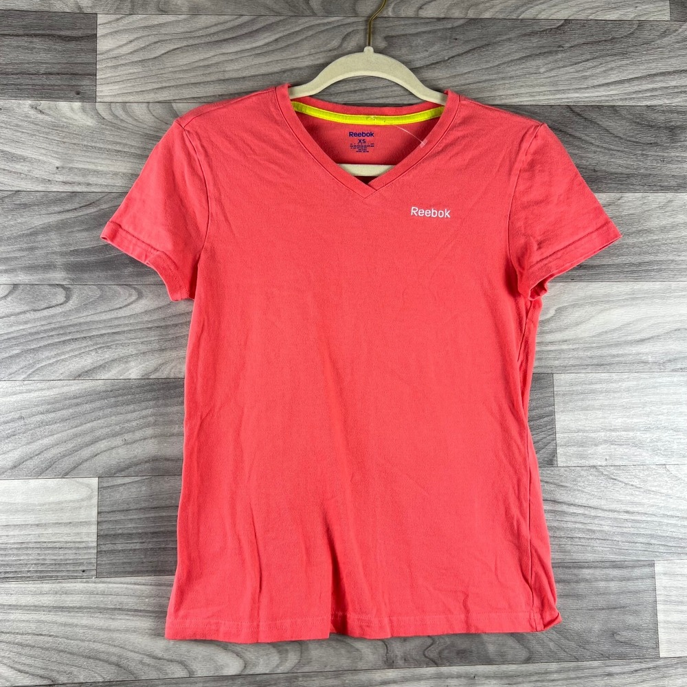 Reebok T-Shirt Top Womens XS Pink Short Sleeve V Neck Pullover Cotton Logo